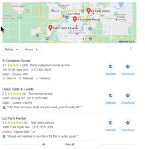 Local SEO Google Maps results for Mid-Michigan businesses and East Lansing area.