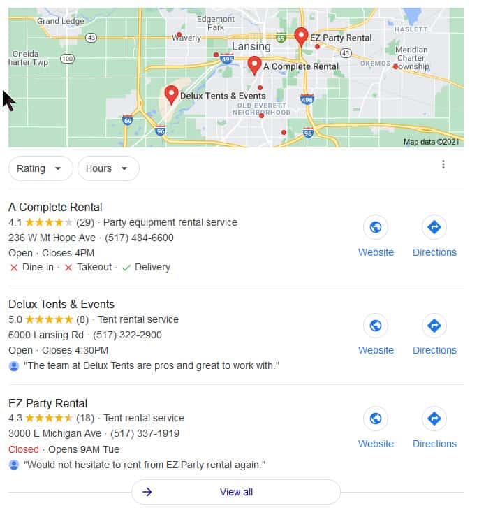 Local SEO Google Maps results for Mid-Michigan businesses and East Lansing area.