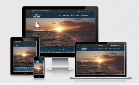 Responsive website design showcasing a pontoon boat rental service on multiple devices, emphasizing mobile optimization for enhanced user experience.