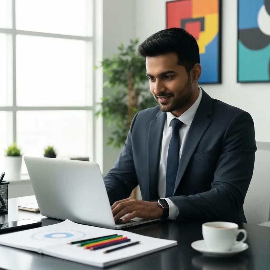 Business professional using laptop for web design support in East Lansing, MI.