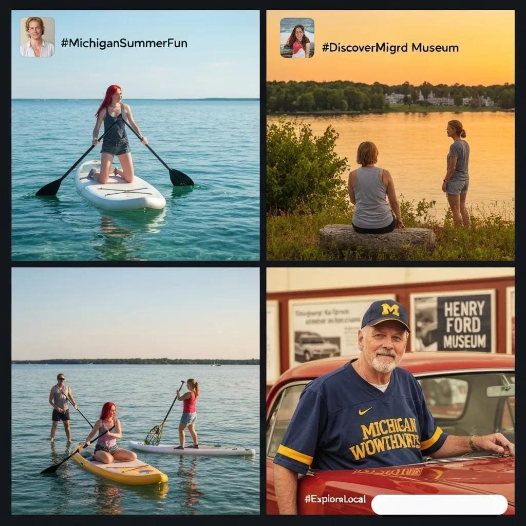 People enjoying Michigan's summer activities, including paddleboarding, exploring local museums, and engaging with the community, emphasizing local tourism and outdoor fun.