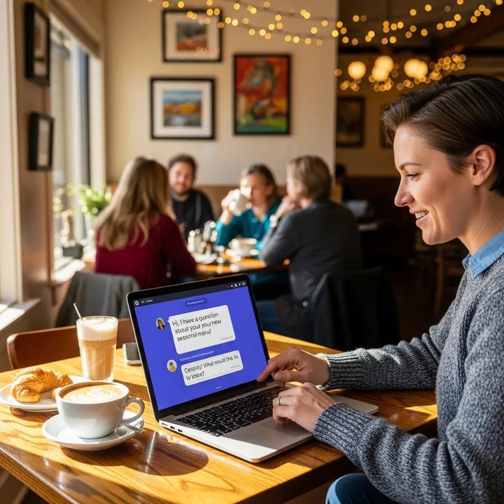Business owner using a chat widget on a laptop in a cozy café, emphasizing customer engagement