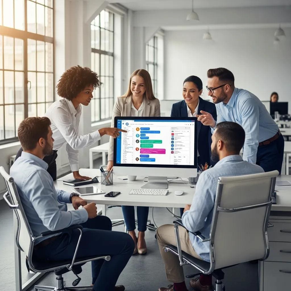Professionals discussing chat widget implementation at a modern office, focusing on live chat software displayed on a computer screen.