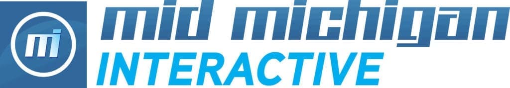 Mid Michigan Interactive logo with blue and white text and circular icon.