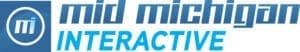 Mid Michigan Interactive logo with blue and white text and circular icon.