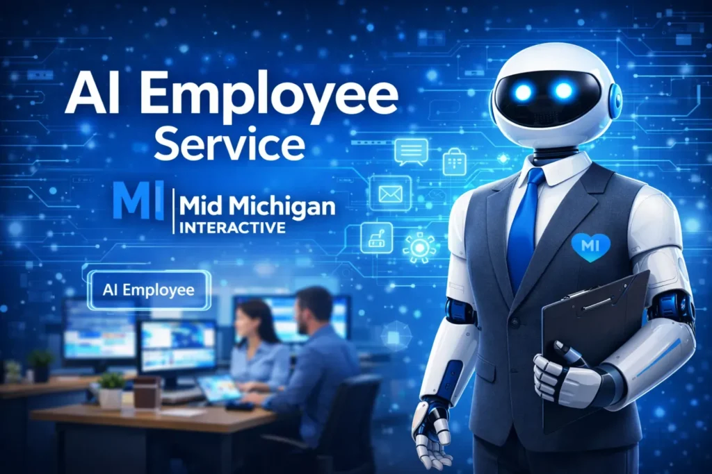 AI employee service illustration featuring a robot in a suit, representing Mid Michigan Interactive, with digital marketing elements in the background.